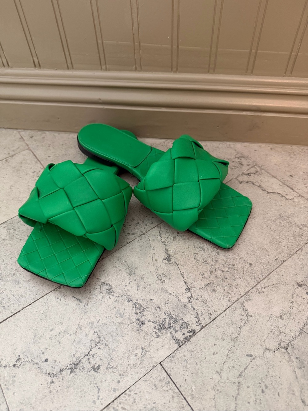 Bottega Green Woven Slide Sandals - Women